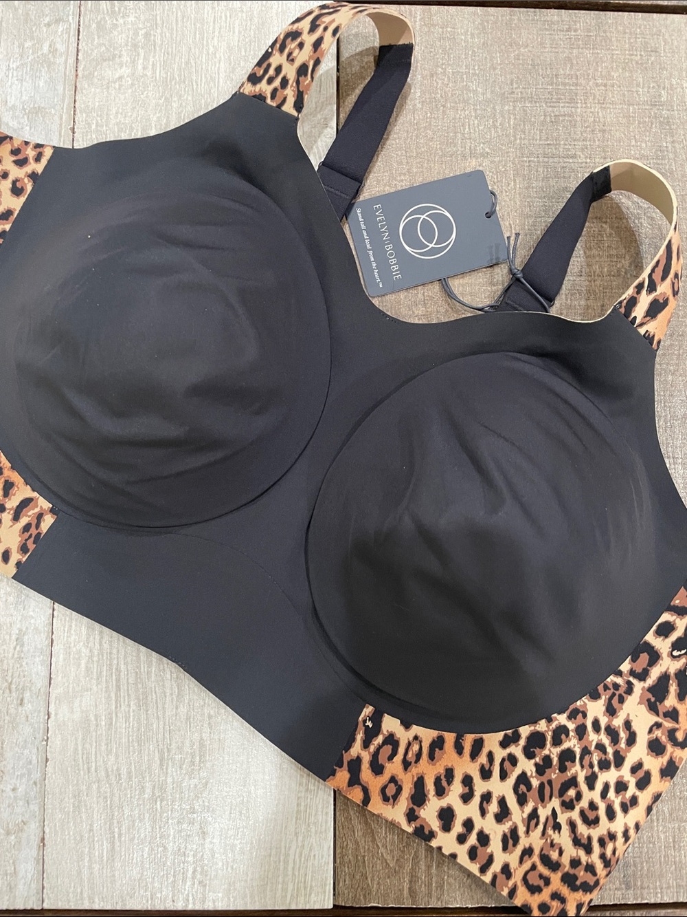EVELYN & BOBBIE Leopard Trim Black Seamless Longline Bra Sz 3X